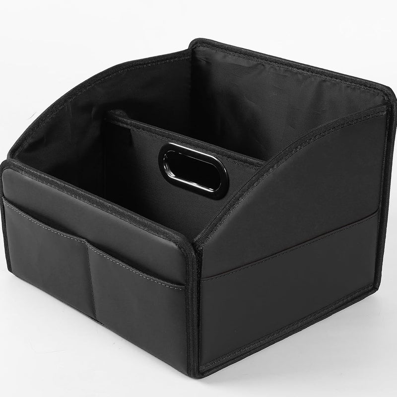 Uplien Car Storage Organizer [2025 UPDATED] Leather Car Caddy Basket for Front Seat Floor Back Seats Metal Handle 6 Compartments Adjustable Strap Buckles Slip-Resistant (Black) - Image 1